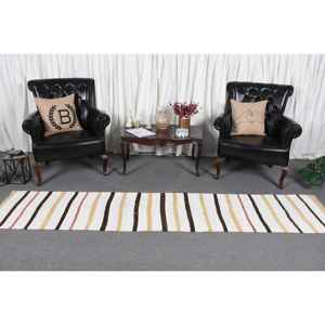 Alfombra Turca Vintage, Alfombra de Pasillo de 2x9.6 pies, Alfombra de Lana a Rayas Blancas y Marrones - Product Image 2