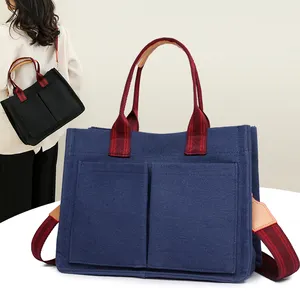 2024 Hot Sale Women's Canvas Tote Bag Fashionable Lady Style with Pockets Crossbody Handbag for Laptops and Purse Shoulder Bag