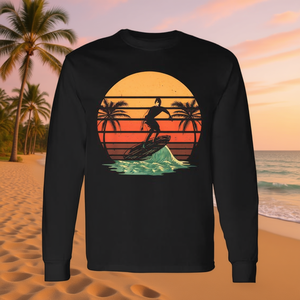Vintage Retro <b>Surf</b> Sunset T-Shirt Long Sleeve Beach Surfer Lover Promotional Vintage Surfing Lover Beach Retro Surfer T-Shirt - Product Image 3