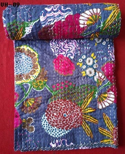 Large <b>Size</b> Bohemian Hippie Kantha Quilts Hand-Stitched Floral Block Printed Indian Vintage <b>Bedspread</b> Comforter Cotton Handmade - Product Image 1