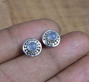 <b>Blue</b> Chalcedony 925 Sterling Silver <b>Stud</b> <b>Earring</b> Customized Natural Gemstone Vintage Wedding Engagement Gift - Product Image 2