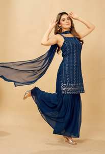 Tissu fausse Georgette de meilleure qualité pour filles-Vêtements de fête brodés Kurti Plazzo avec Dupatta Fancy Look vêtements indiens pakistanais - Product Image 3