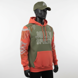 Premium 320 GSM Fleece Pullover <b>Hoodie</b> Olive Green and <b>Orange</b> Color Contrast Panels Custom Logo Rhinestone Basics <b>Hoodie</b> - Product Image 3