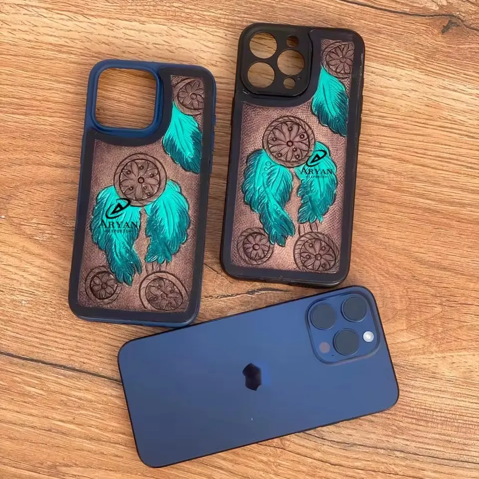 ออกแบบใหม่ที่กําหนดเอง Turquoise ตะแกรงมือตะวันตกและดอกไม้หนังสําหรับ iPhone ซองหนังแท้ iPhone 15 PRO MAX
