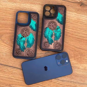 ออกแบบใหม่ที่กําหนดเอง Turquoise ตะแกรงมือตะวันตกและดอกไม้หนังสําหรับ iPhone ซองหนังแท้ iPhone 15 PRO MAX - Product Image 1