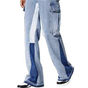 Wholesale <b>Men's</b> Custom Patchwork Color Block Cargo <b>Jeans</b> Flared pants Casual Pants for Unisex 100% Cotton Fabric Flare Pants - Product Image 4