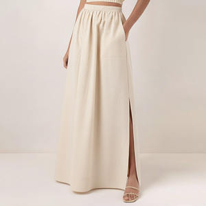 Jupe longue décontractée kaki pour femme avec poches latérales et taille élastique fendue - Product Image 3