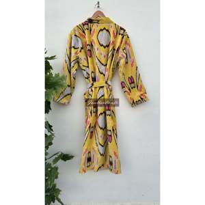 Robe kimono en velours à imprimé floral Ikat, veste longue réversible en coton avec cordon de serrage, peignoir doux pour l'automne - Product Image 5
