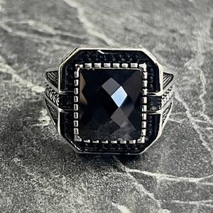 925K Sterling Silver Fine <b>Ring</b> Square Black <b>Garnet</b> Gemstone Embroidered Knitted Pattern Minimalist Style Handmade Gift - Product Image 2