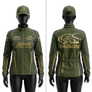 เสื้อแจ็คเก็ตคาร์ทติ้งแบบพรีเมียม 320 GSM ผ้าซอฟต์เชลล์ สีเขียวมะกอก ดีไซน์แผงสีดำ ระบายอากาศได้ดี ผลิตจากโพลีเอสเตอร์ผสมสแปนเด็กซ์  รับสกรีนโลโก้แบบซับลิเมชั่น - Product Image 1