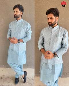 Pyjama Kurta de l'élégance indienne pakistanaise en rayonne de coton bleu clair broderie subtile pour les mariages et les occasions formelles - Product Image 5