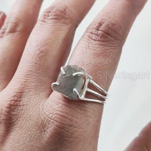 Raw Stone Jewelry Women's Ring Natural Rough Labradorite Gemstone 3 Plain Band Christmas <b>Valentine</b> <b>Gift</b> 925 Sterling Silver Ring - Product Image 1