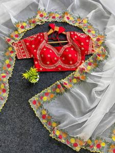 ชุดส่าหรีสำหรับเจ้าสาวเสื้อเบลาส์ปักลายสำหรับงานปาร์ตี้ - Product Image 5