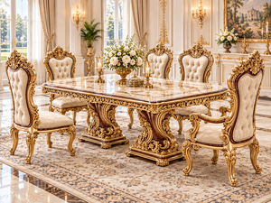 Ensemble de table à manger de style palais haut de gamme pour villas américaines, suite de salle à manger royale haut de gamme, fabriquée à la main en bois massif avec placage en feuille d'or - Product Image 2