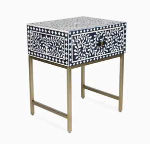 Mobilier moderne de luxe pour la maison Table d'appoint en incrustation d'os noir et blanc antique Motif floral Support en fer extensible Matériau métallique - Product Image 1