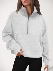 <b>Women's</b> Light Gray Cropped <b>Half</b>-<b>Zip</b> <b>Sweatshirt</b> Regular Fit Knitted Cotton Blend Autumn Wear Stand Collar Full Sleeve - Product Image 5