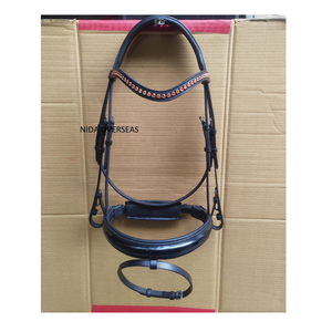 Bridon de dressage anatomique pour cheval en cuir végétal teint en tambour, avec muserolle en cuir verni et strass, équipement équestre, bridon pour cheval - Product Image 6