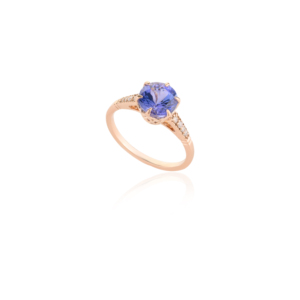 Delicado anillo de compromiso de tanzanita natural personalizado de fábrica y Diamante Halo forma redonda 18K joyería de oro rosa sólido para mujer - Product Image 1