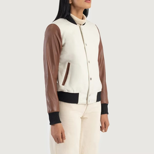 Veste universitaire oversize élégante pour femme, crème et marron, en matériau durable et confortable, finitions de qualité. - Product Image 2