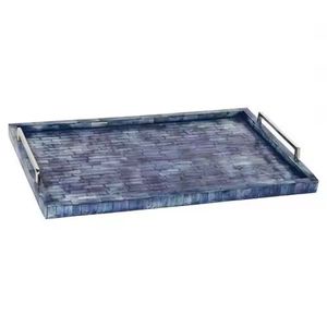 Fabuleux plateau de service en bois et nacre avec poignées en métal argenté plateau de nourriture de vaisselle - Product Image 1