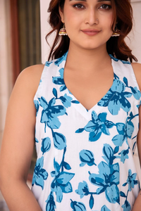 Ensemble coordonné en coton sans manches Blue Lily, col halterneck fait main, imprimé floral, kurta et pantalon, coupe régulière, ensemble coordonné en pur coton - Product Image 5
