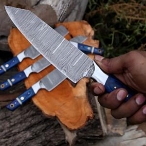 Ensemble de couteaux de chef en acier damas fait main sur mesure |   Couteaux de cuisine professionnels écologiques ambidextres avec manche en bois bleu |   OEM - Product Image 5