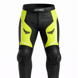 Pantalon de moto en cuir haute visibilité pour homme, style professionnel, avec protection renforcée et protections CE pour les genoux - Product Image 1