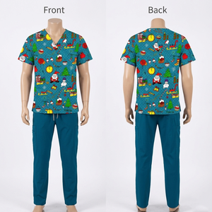 Ensemble de blouses médicales imprimées de Noël haut de gamme, 185 GSM, en polycoton doux, bleu, avec logo thermocollé - Product Image 1