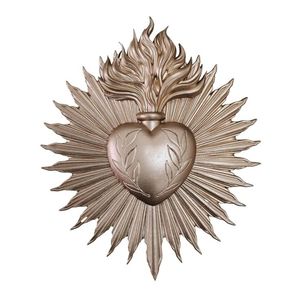 Decoración de Pared Vintage de Metal con Sagrado Corazón Ex-Voto, Corazón Ardiente con Rayos de Sol Plateados, Adorno Religioso Católico para Altar - Product Image 2