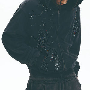 Sweat-shirt en coton côtelé à épaules tombantes personnalisé de haute qualité avec strass, effet vieilli, fermeture éclair, vintage, pour homme - Product Image 1