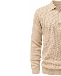 เสื้อโปโลถักลายผู้ชาย แขนยาว คอติดกระดุม สไตล์ลำลอง สำหรับฤดูหนาว สีเบจอ่อน สำหรับขายส่งจำนวนมาก - Product Image 3