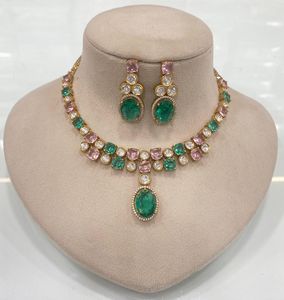 Collier de mariée ensemble avec boucles d'oreilles classique en laiton cuivre opale en forme de fleur conception chaîne à maillons colorés pour les mariages fêtes cadeau - Product Image 4