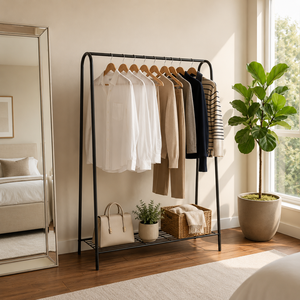 Modern Metal Double Tier Freestanding Garment <b>Rack</b> with Wire <b>Shelf</b> and Multifunction Design for Bedroom Entryway Clothes Storage - Product Image 1