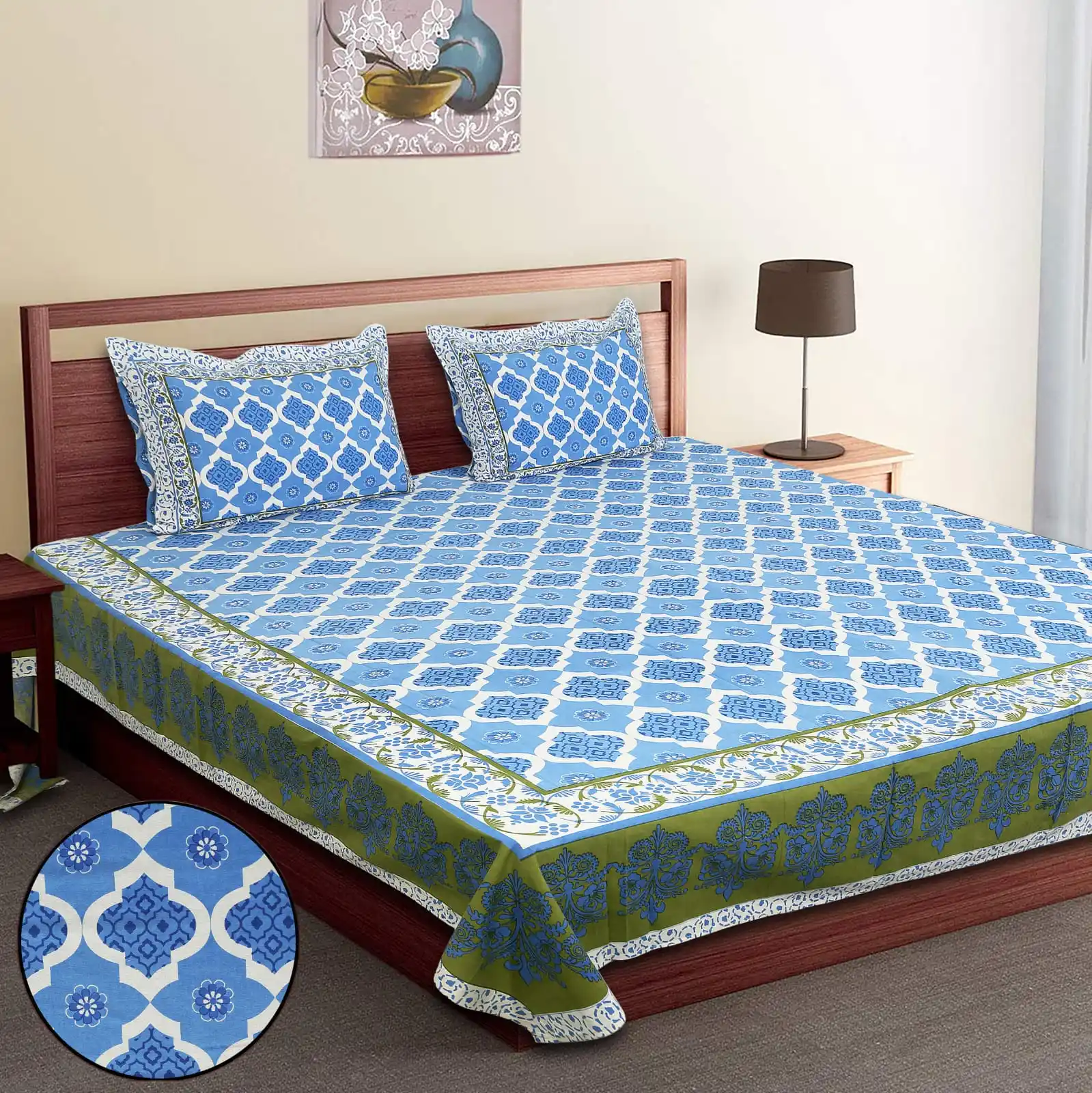 Beautiful Blue Base Floral Print Double Bedsheets with Traditional Indian Barmeri Hand Block Print Luxurious Bedding Sets Bulk