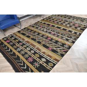 Tapis vintage 6,46 x 11,7 pieds, tapis Kilim, tapis persan noir en laine - Product Image 4