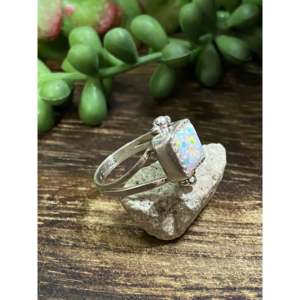 Navajo Made Sterling Silver White <b>Opal</b> Gemstone <b>Ring</b> Oval Cut Geometric Design Everyday Wear - Product Image 3