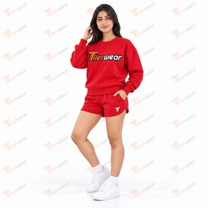Tiierwear <b>Women's</b> <b>Red</b> Fleece 2-Piece Sweatshirt <b>Shorts</b> Set Crew Neck Regular Fit Casual Solid 100% Cotton Quick Dry Eco-Friendly - Product Image 2