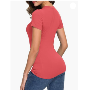 Camiseta de manga corta con cuello redondo para mujer, camiseta ajustada, Camisetas básicas transpirables con botón de decoración de logotipo, estilo informal para el verano - Product Image 2