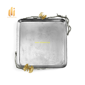 Bandeja DE SERVICIO DE Metal plateado de lujo con asas de hoja dorada, bodas, fiestas, buffet, comedor, decoración del hogar, bandejas de servicio almacenadas - Product Image 4