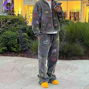 2025 fabricante personalizado buen proveedor grueso desgastado Vintage bordado parche hombres ácido lavado Zip Up Rhinestone chándales - Product Image 2