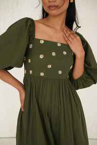 Maxi vestido bordado de algodón verde cuello cuadrado manga farol moda Bohemia - Product Image 3