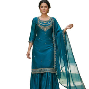 ชุดคุर्ติและชาราร่าผ้าไหมแท้สีสันสดใส พร้อมผ้าคลุมไหล่ขอบลูกไม้ สำหรับเจ้าสาวและเพื่อนเจ้าสาว คอลเลคชั่นใหม่สำหรับเทศกาล - Product Image 1