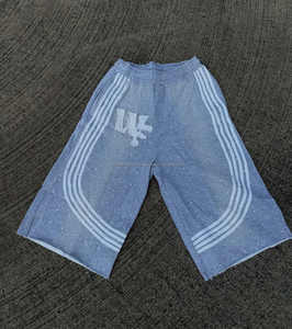 Manufacturer Custom Rhinestone Side Stripes Sun Faded <b>Shorts</b> Cotton Raw Hem Vintage Screen Print <b>Men</b> Acid Wash <b>Sweat</b> <b>Shorts</b> - Product Image 3