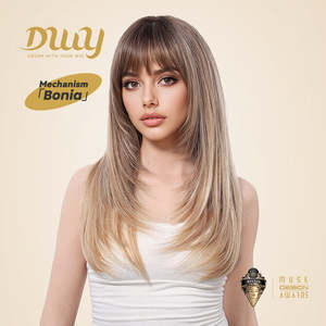 Bonia-DWY MiraScalp for <b>Ombre</b> Blonde <b>Wig</b> with Bangs Long Curly Synthetic Glueless Light Brown Lace Dark Roots - Product Image 6