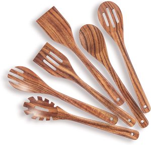 Ensemble d'ustensiles de cuisine en bois naturel 6 pièces Cuillère en bois antiadhésive Cuillère à fente Fourchette à salade Spatule Serveur à pâtes - Product Image 1