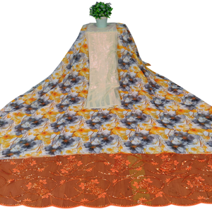 Nouveau Tissu Jacquard Somalien Authentique et Traditionnel, Sergé Effiloché 100% Coton, Motif Floral Orange Vibrant et Gris pour Filles - Product Image 1