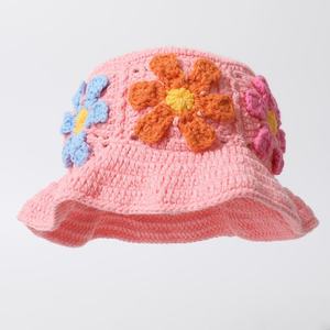 Crochet Retro Women's Bucket <b>Hat</b> Handmade Floral Hollow-Out Design Sweet Colorful Corduroy Breathable Waterproof Casual Four - Product Image 2