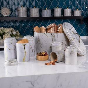 Juego de 7 Recipientes Redondos de Metal Kontensan con Tapa de Cúpula, Diseño Blanco Mármol - Product Image 1