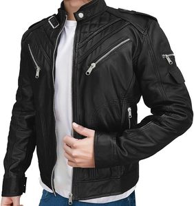 Vestes en cuir véritable pour hommes en peau d'agneau noire - Veste en cuir matelassée diamant pour moto, style vintage. - Product Image 2