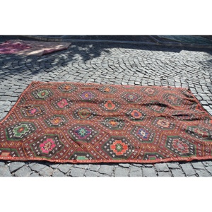 Tapis turc vintage, tapis Kilim 6,6x10,6 pieds, grand tapis Ikat rouge - Product Image 4